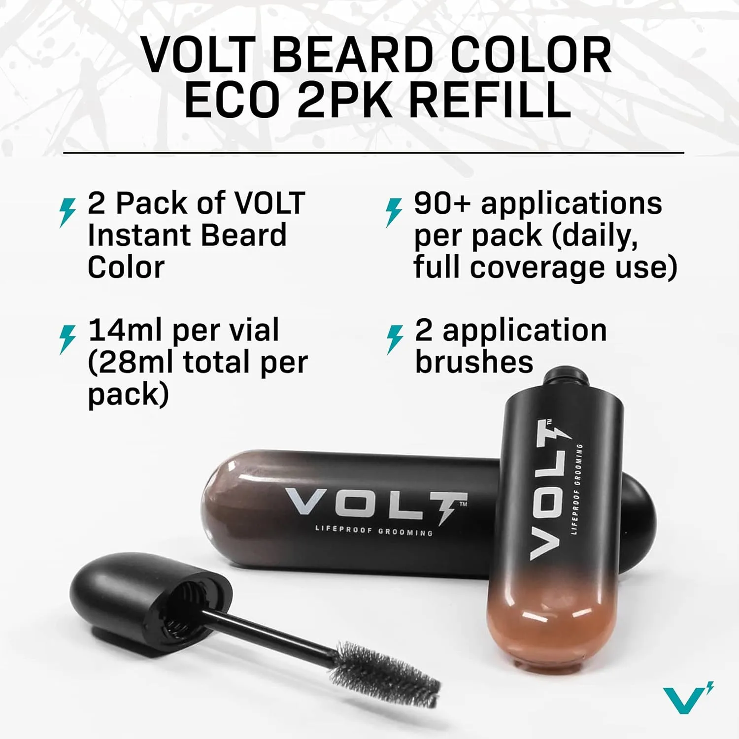 VOLT Grooming Instant Beard Color ECO 2 Pack Refill - Quick Drying Plant Based Hypoallergenic Brush on Color for Beards, Mustaches, and Eyebrows, Onyx (Black)