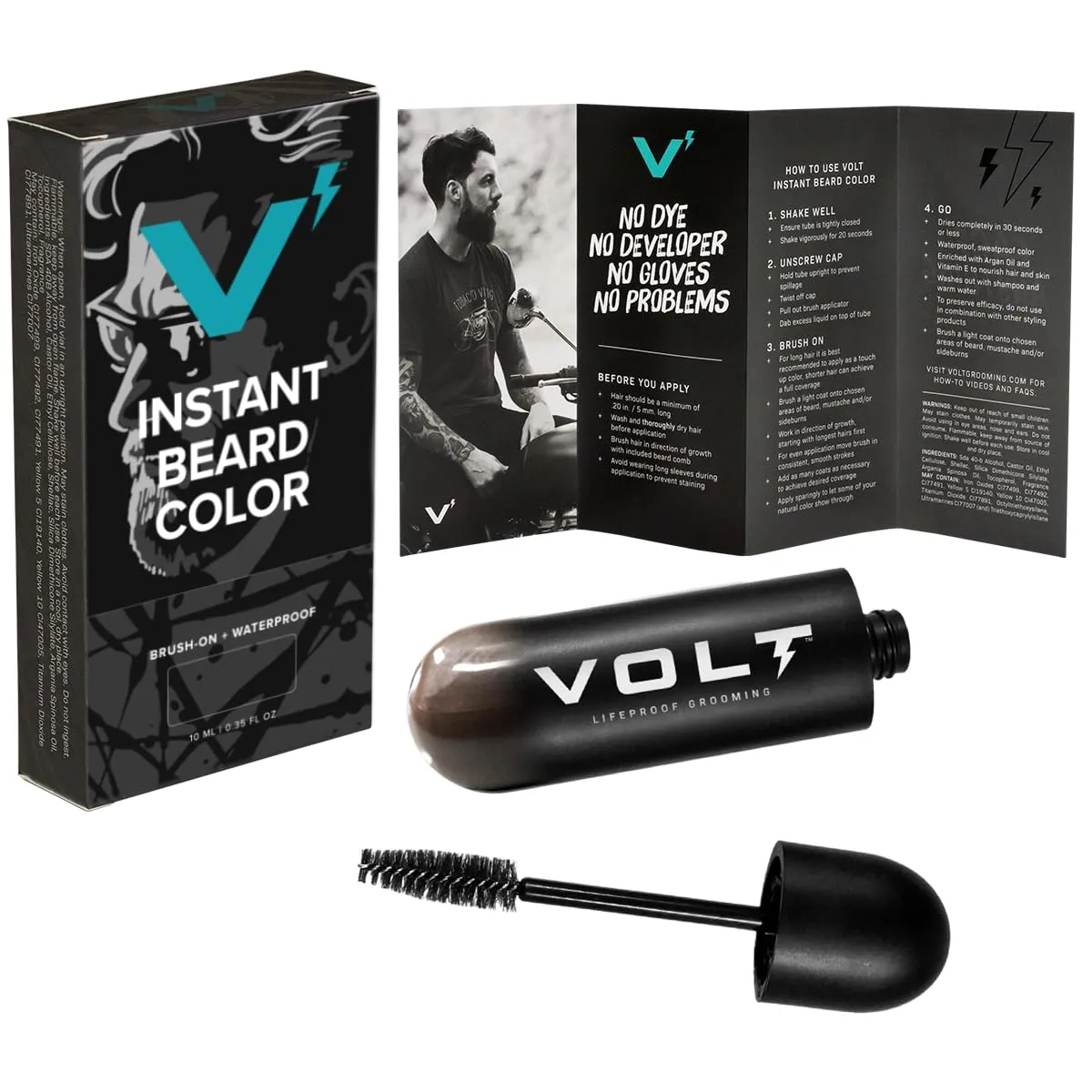 VOLT Grooming Instant Beard Color Single Pack - Quick Drying Plant Based Hypoallergenic Brush on Color for Beards, Mustaches, and Eyebrows - 0.35 Fl Oz (10 ml), Onyx (Black)