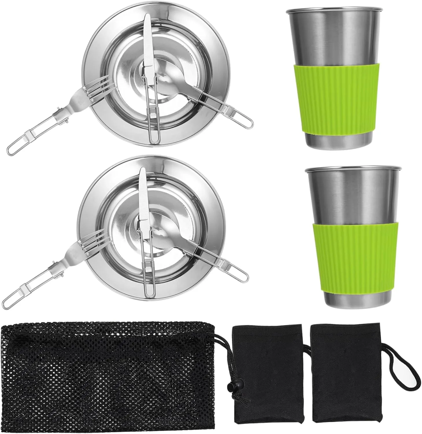 VOSAREA 11pcs Dinning Spoons Set Camping Tableware Set Stainless Steel Picnic Plates Utensils Kit