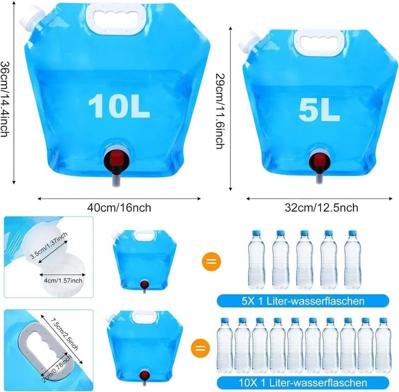 Water Container With Tap, Collapsible Water Container Water Storage for Camping Hiking Backpack Emergency, No-Leak Freezable Foldable Water Bottle 1/2.2 Gallon (10L/2.2Gallon)