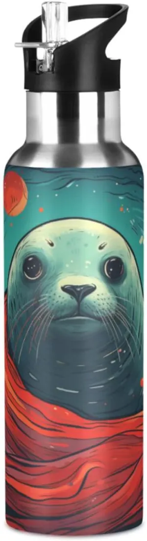 Watercolor Art Seal Sport Water Bottle Insulated Stainless Steel Large Vacuum Flask Leak Proof Thermos with Straw for Travel(600ml/1000ml)