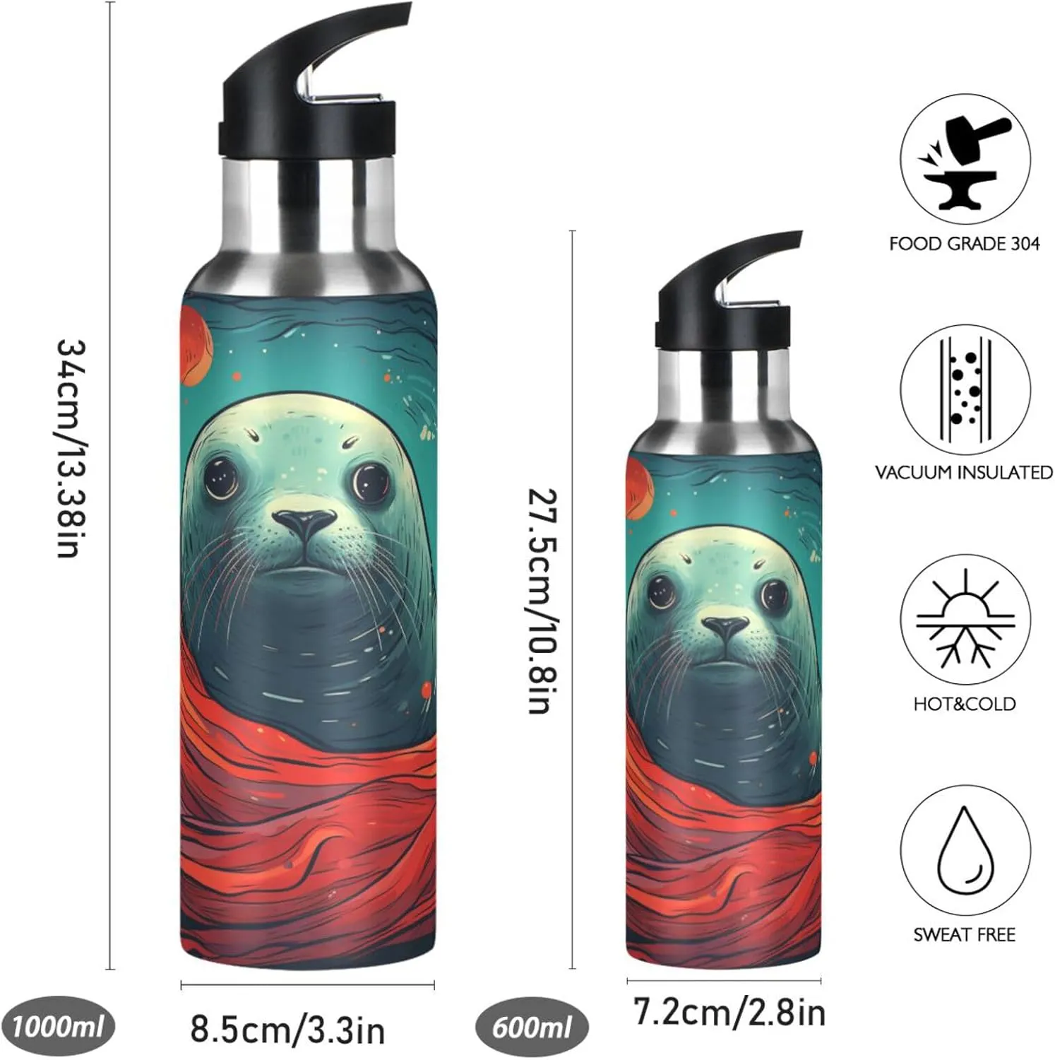 Watercolor Art Seal Sport Water Bottle Insulated Stainless Steel Large Vacuum Flask Leak Proof Thermos with Straw for Travel(600ml/1000ml)
