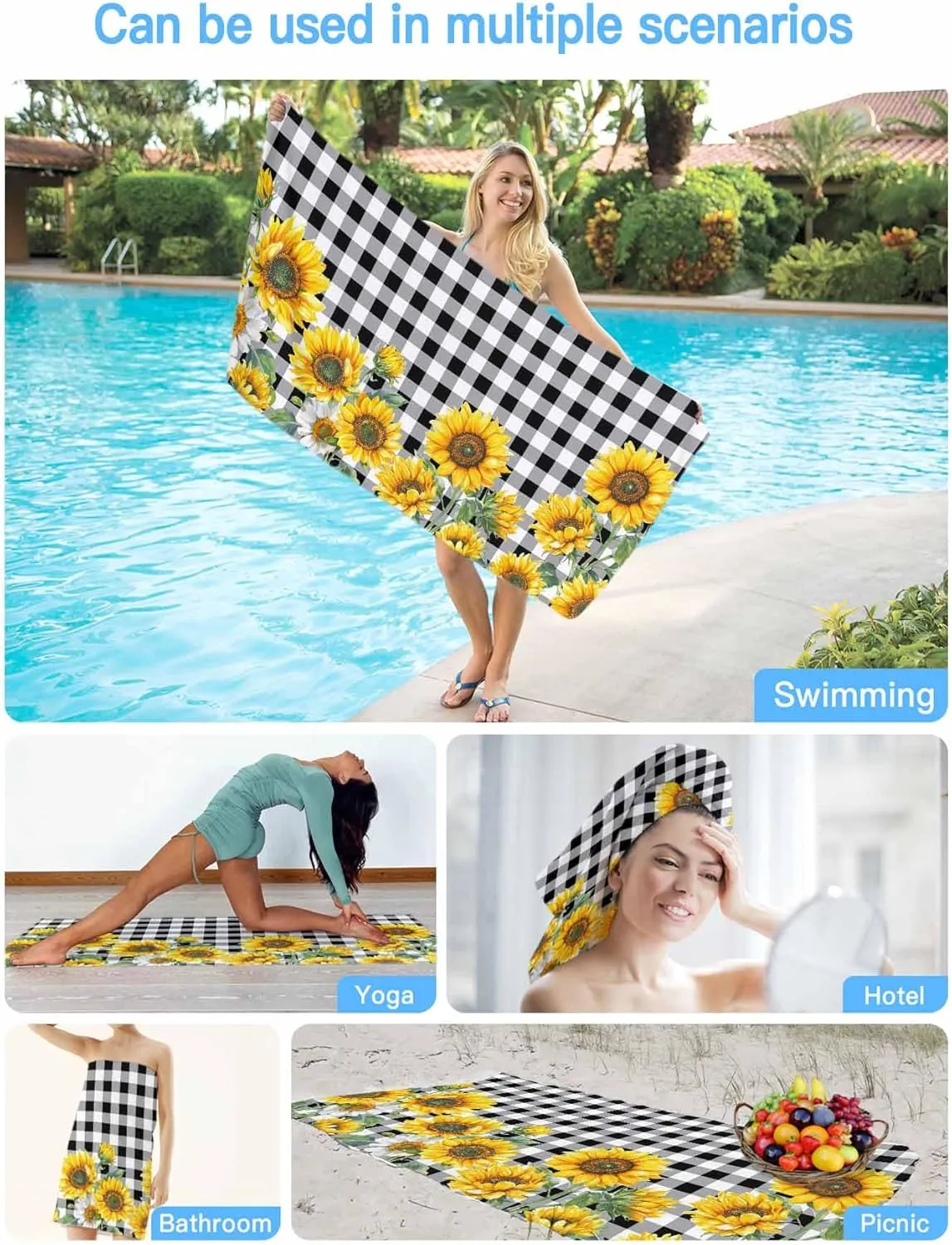 Watercolor Farm Sunflowers Beach Towels Microfiber Sand Free Quick Dry Travel Towels Soft Absorbent Lightweight Country Floral on Black Check Beach Towel for Men Women Swimming Pool,Vacation,35X71IN