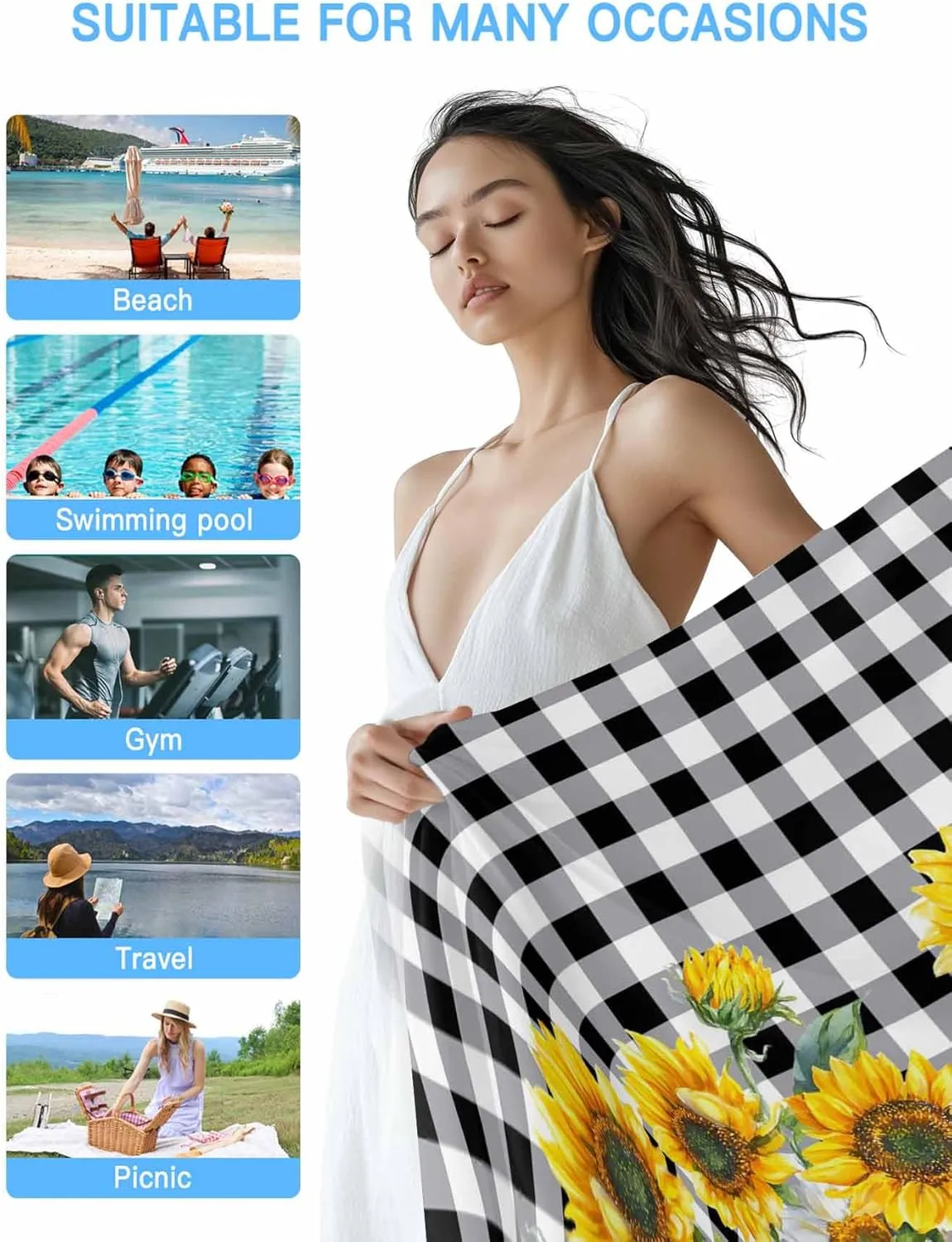 Watercolor Farm Sunflowers Beach Towels Microfiber Sand Free Quick Dry Travel Towels Soft Absorbent Lightweight Country Floral on Black Check Beach Towel for Men Women Swimming Pool,Vacation,35X71IN