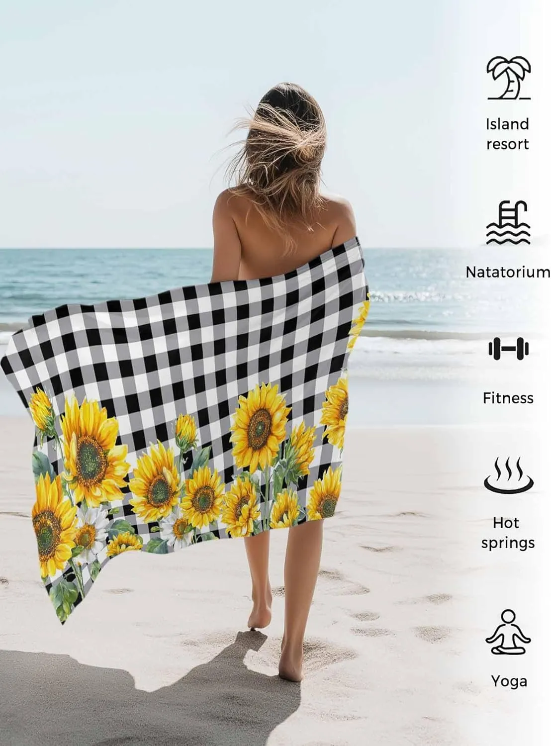 Watercolor Farm Sunflowers Beach Towels Microfiber Sand Free Quick Dry Travel Towels Soft Absorbent Lightweight Country Floral on Black Check Beach Towel for Men Women Swimming Pool,Vacation,35X71IN