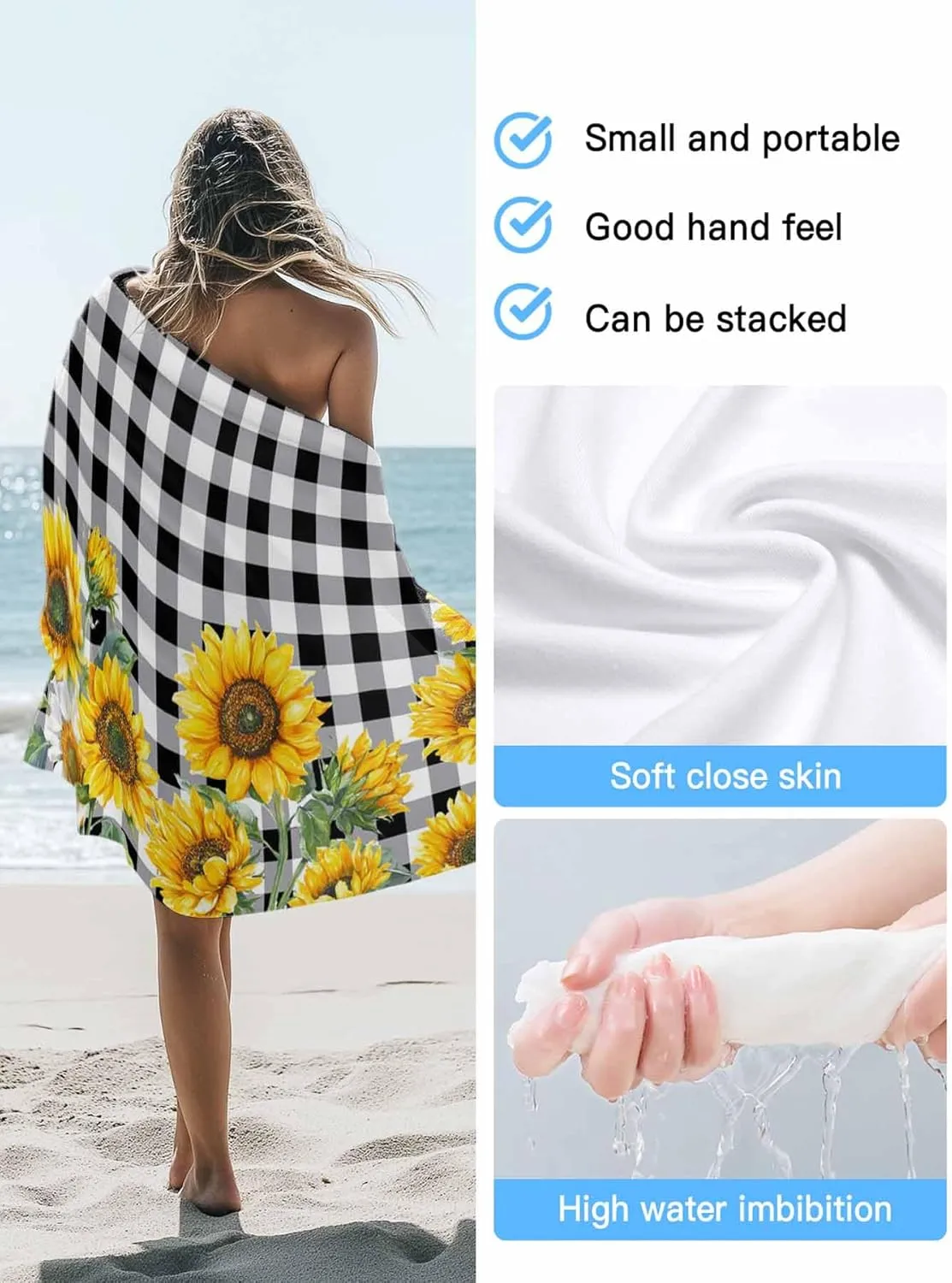 Watercolor Farm Sunflowers Beach Towels Microfiber Sand Free Quick Dry Travel Towels Soft Absorbent Lightweight Country Floral on Black Check Beach Towel for Men Women Swimming Pool,Vacation,35X71IN