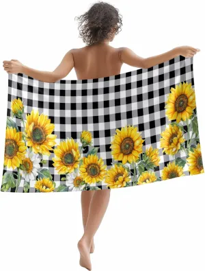 Watercolor Farm Sunflowers Beach Towels Microfiber Sand Free Quick Dry Travel Towels Soft Absorbent Lightweight Country Floral on Black Check Beach Towel for Men Women Swimming Pool,Vacation,35X71IN