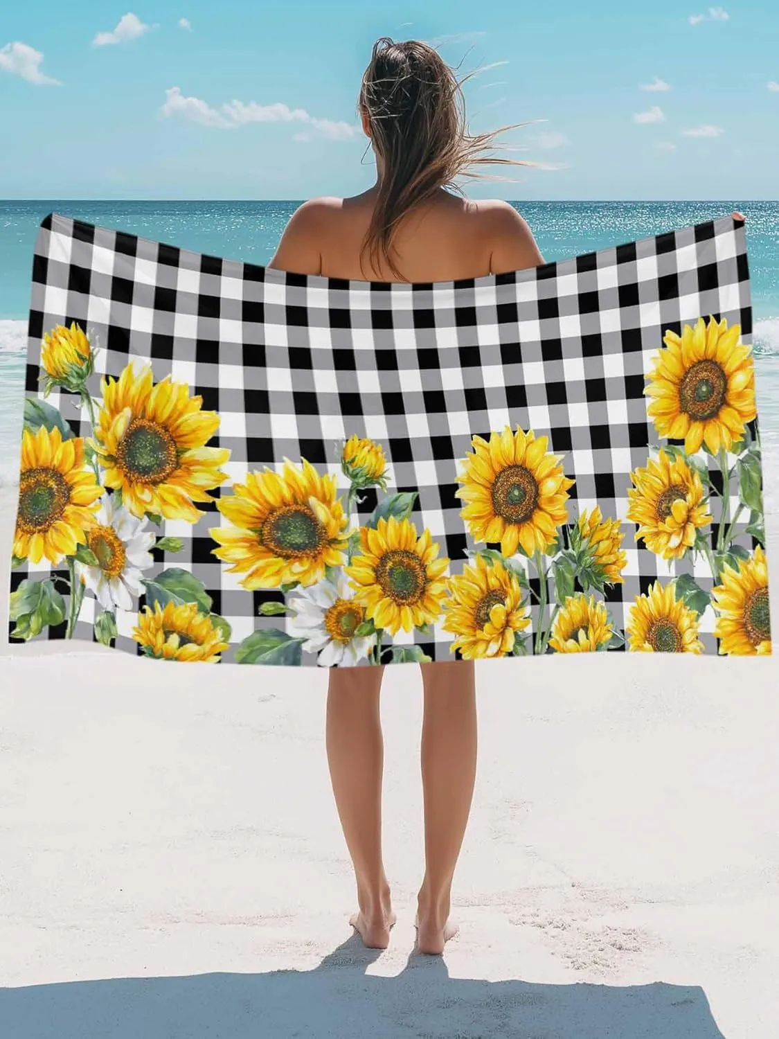 Watercolor Farm Sunflowers Beach Towels Microfiber Sand Free Quick Dry Travel Towels Soft Absorbent Lightweight Country Floral on Black Check Beach Towel for Men Women Swimming Pool,Vacation,35X71IN