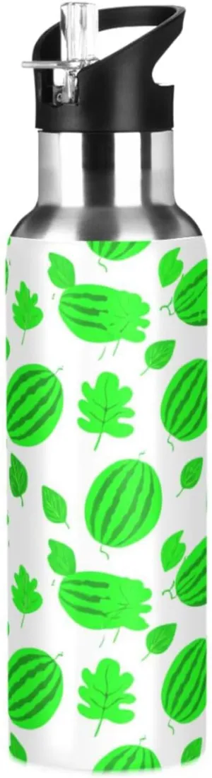 Watermelon and Leaf Sports Water Bottle with Straw, 22oz BPA Free Stainless Steel Vacuum Insulated Bottle for Gym Fitness Outdoor
