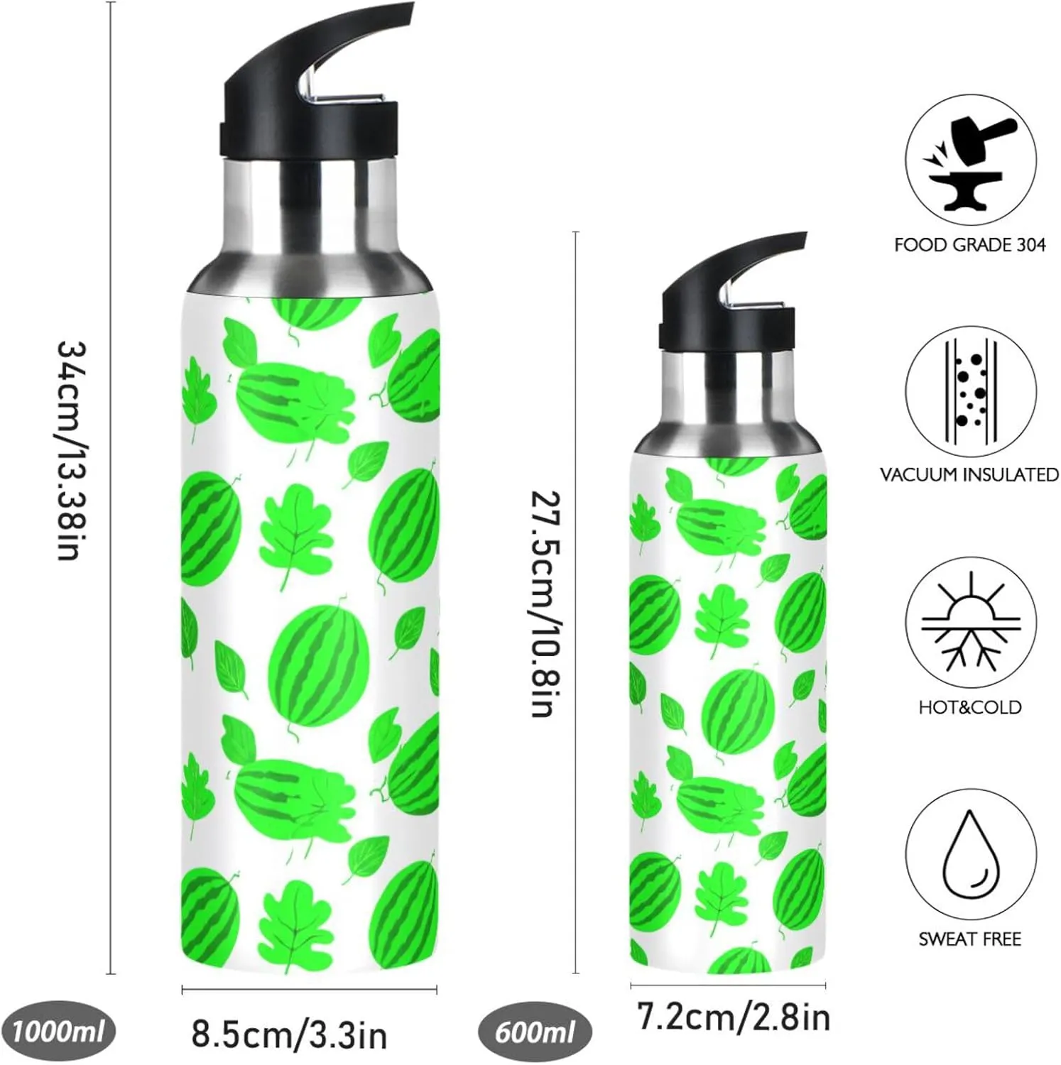Watermelon and Leaf Sports Water Bottle with Straw, 22oz BPA Free Stainless Steel Vacuum Insulated Bottle for Gym Fitness Outdoor