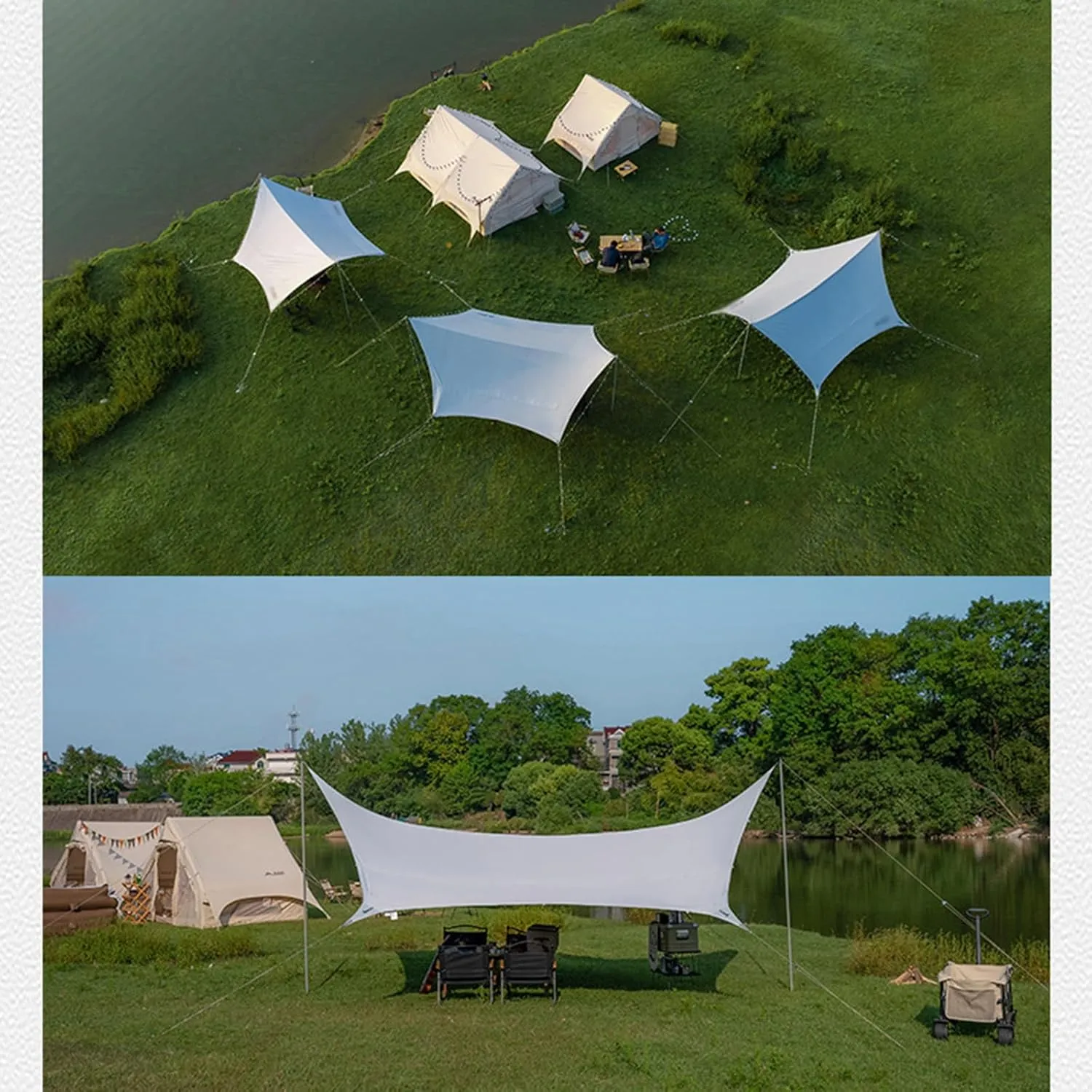 Waterproof Camping Tarp with 2 Poles Backpacking Tarp Tent Ultralight Multipurpose Hexagon Tarpaulin Shelter Tent Groundsheet Hammock Tarp Rain Fly for Outdoor Adventure Hiking Tent,23m²
