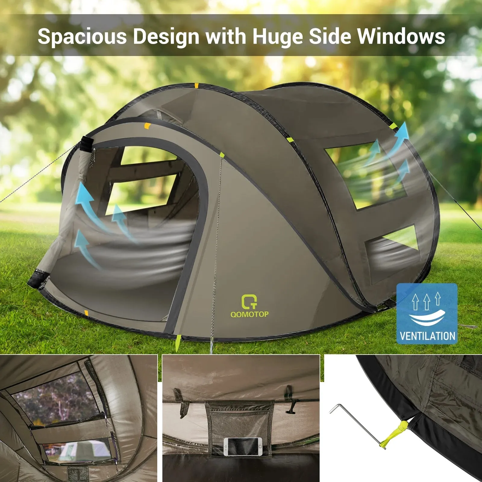 Waterproof Camping Tent for Four with Automatic Setup and Spacious Side Screen Windows