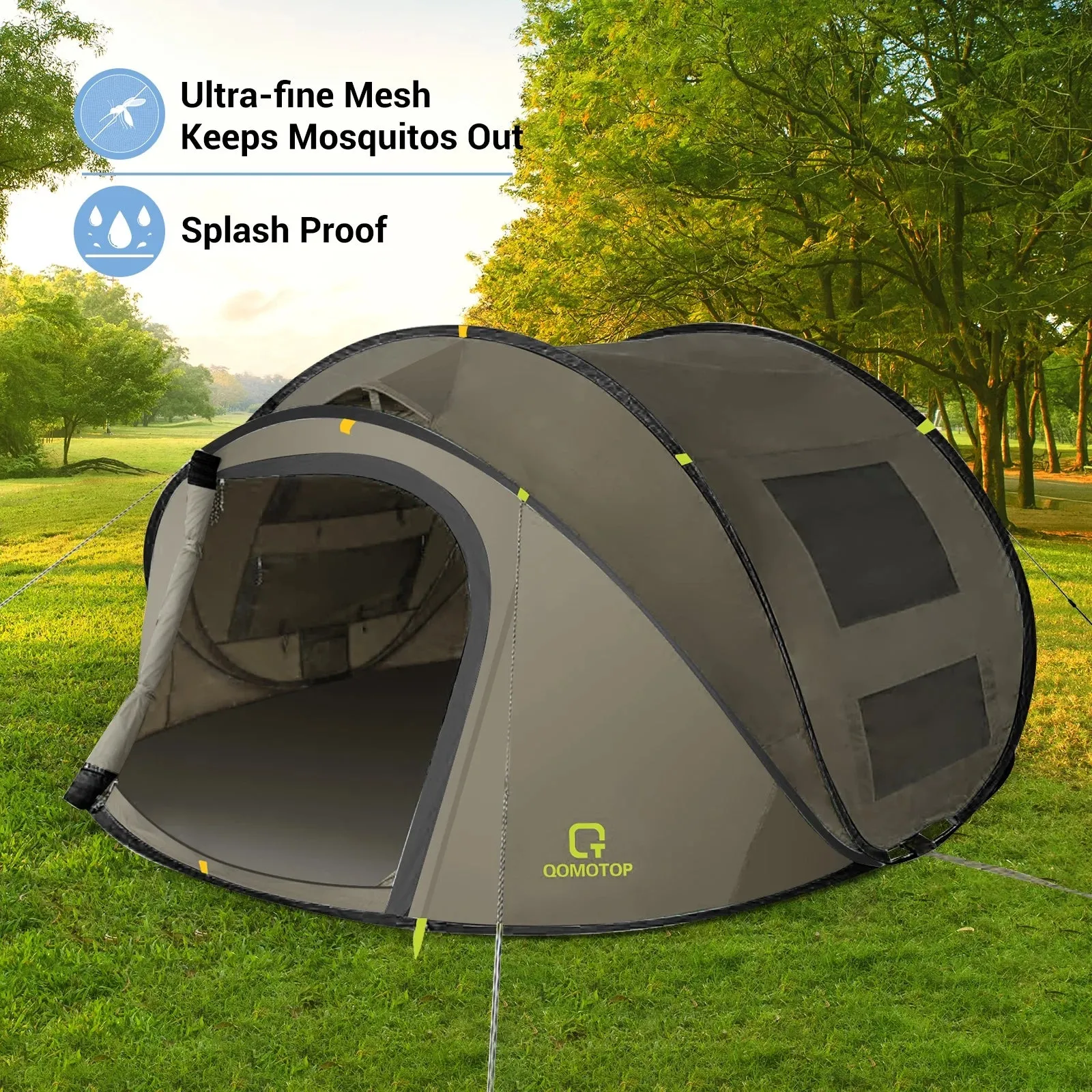Waterproof Camping Tent for Four with Automatic Setup and Spacious Side Screen Windows