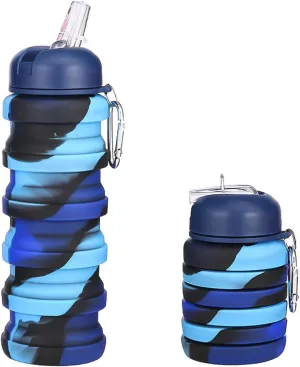 WATMHHJQ Silicone Collapsible Sports Water Bottles 500ml 16oz,Leak proof Twist Cap BPA Free Retractable for Home Outdoor,Biking,Hiking Portable Water Bottle Cups(1#Pink) (41yb-blue, 2pcs)