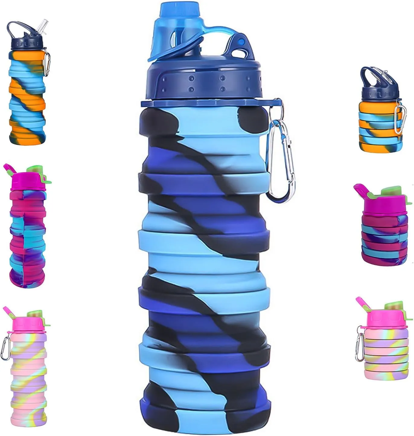 WATMHHJQ Silicone Collapsible Sports Water Bottles 500ml 16oz,Leak proof Twist Cap BPA Free Retractable for Home Outdoor,Biking,Hiking Portable Water Bottle Cups(1#Pink) (41yb-blue, 2pcs)