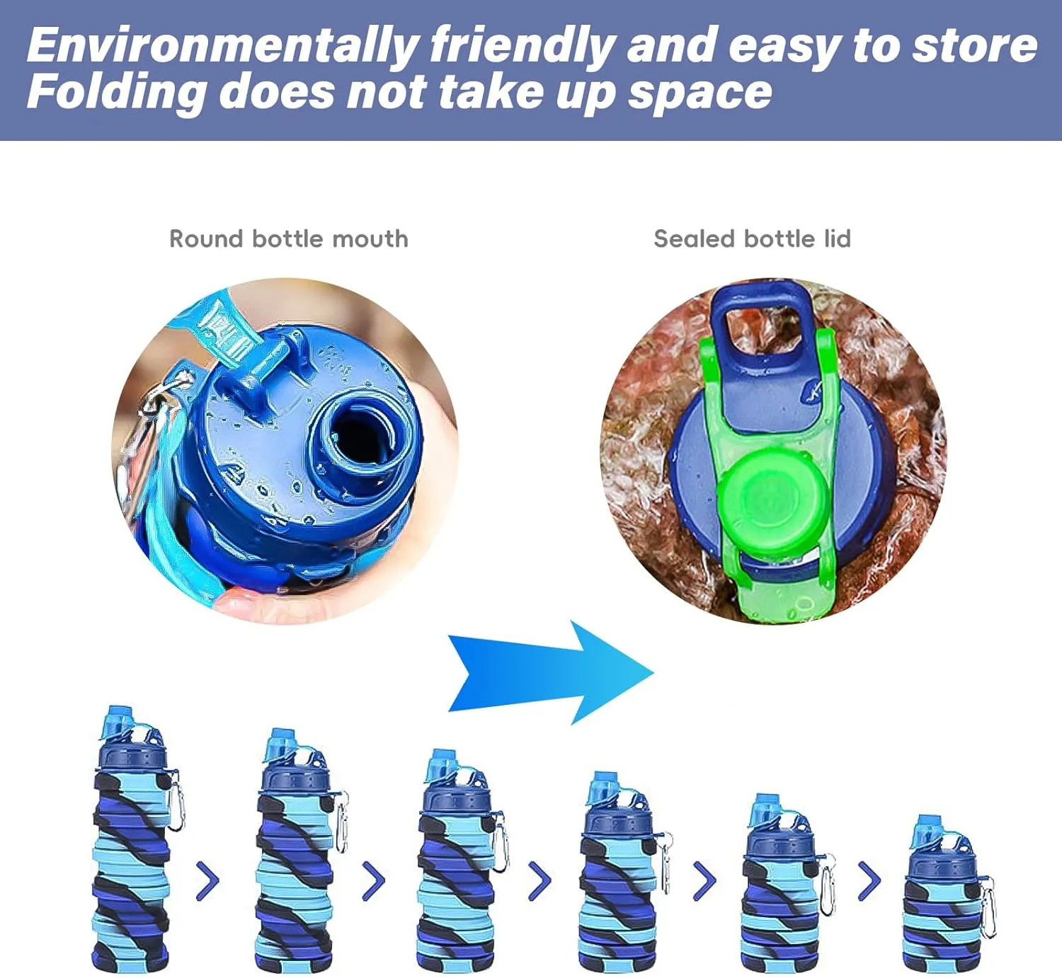 WATMHHJQ Silicone Collapsible Sports Water Bottles 500ml 16oz,Leak proof Twist Cap BPA Free Retractable for Home Outdoor,Biking,Hiking Portable Water Bottle Cups(1#Pink) (41yb-blue, 2pcs)