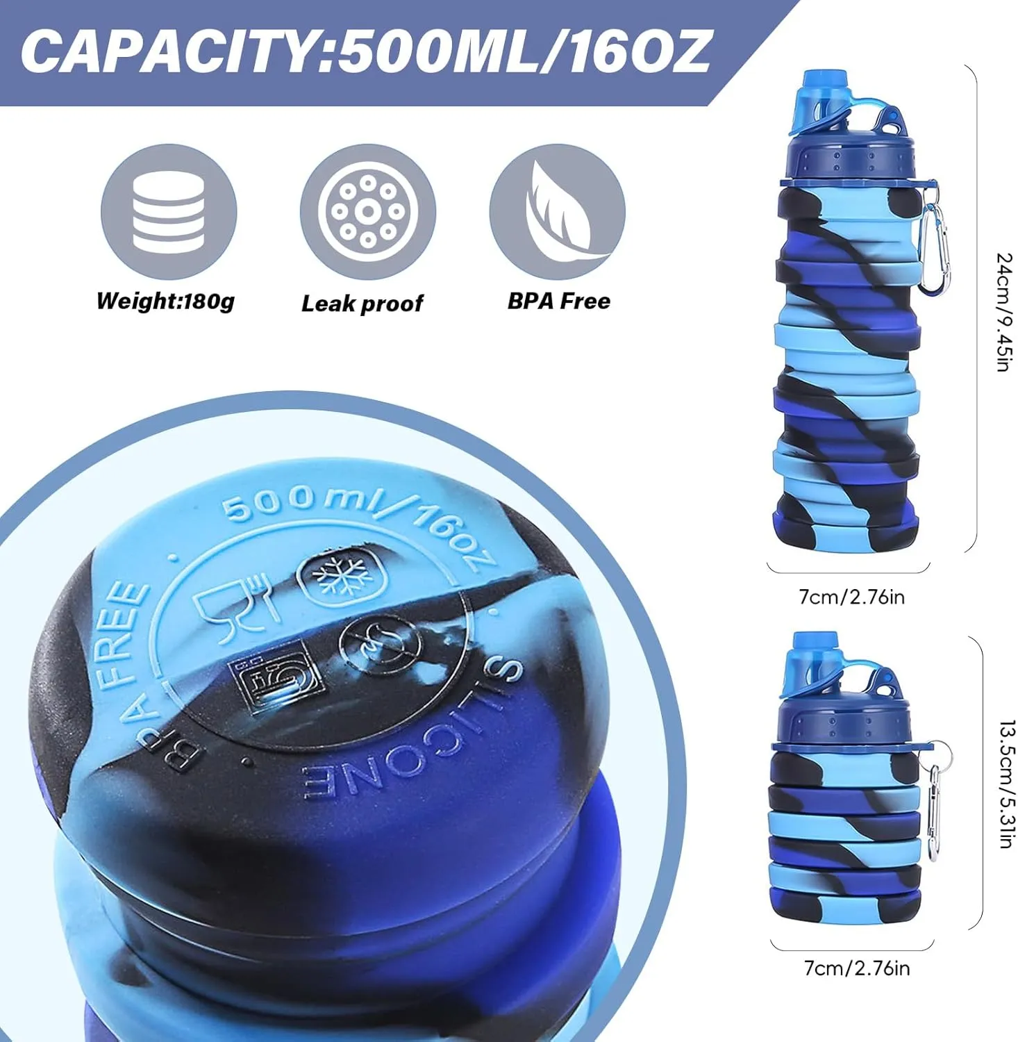 WATMHHJQ Silicone Collapsible Sports Water Bottles 500ml 16oz,Leak proof Twist Cap BPA Free Retractable for Home Outdoor,Biking,Hiking Portable Water Bottle Cups(1#Pink) (41yb-blue, 2pcs)