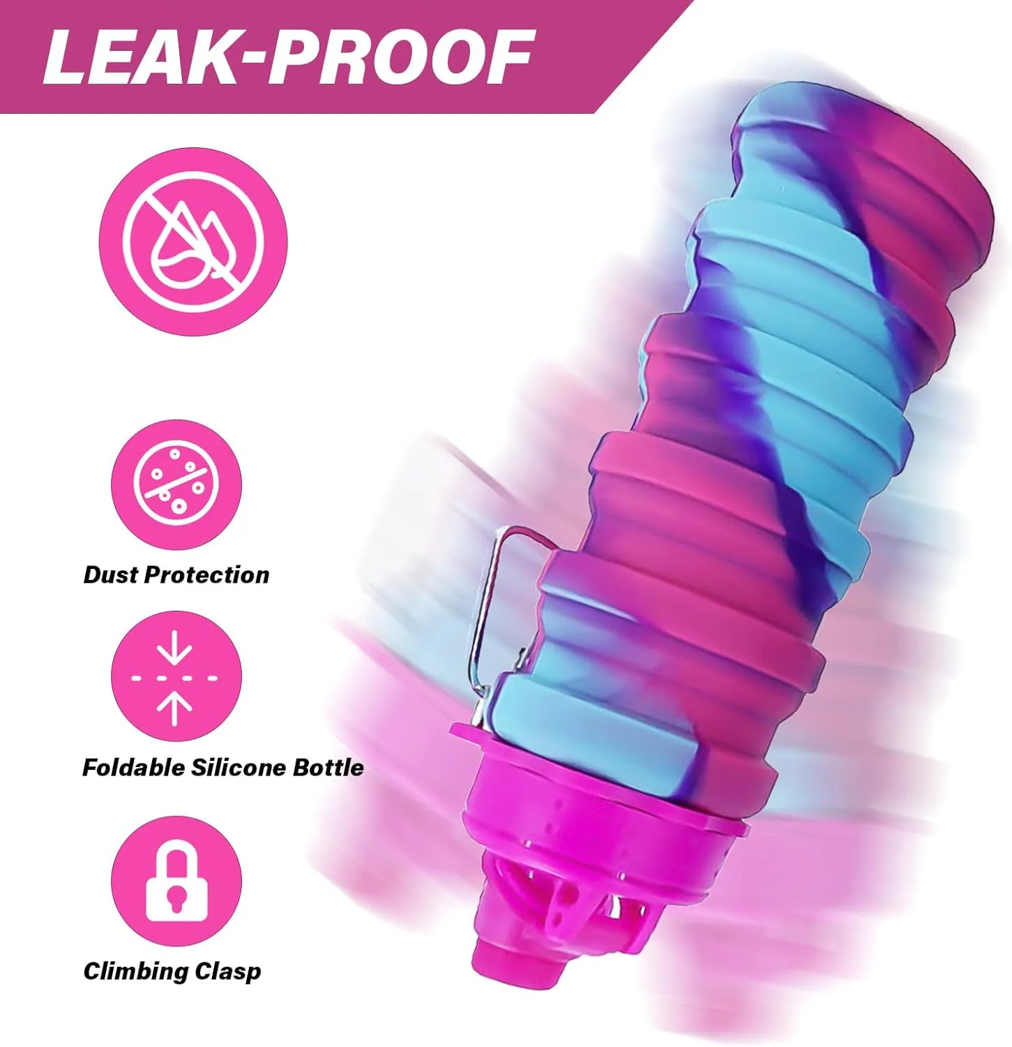 WATMHHJQ Silicone Collapsible Sports Water Bottles 500ml 16oz,Leak proof Twist Cap BPA Free Retractable for Home Outdoor,Biking,Hiking Portable Water Bottle Cups(1#Pink) (41yb-blue, 2pcs)