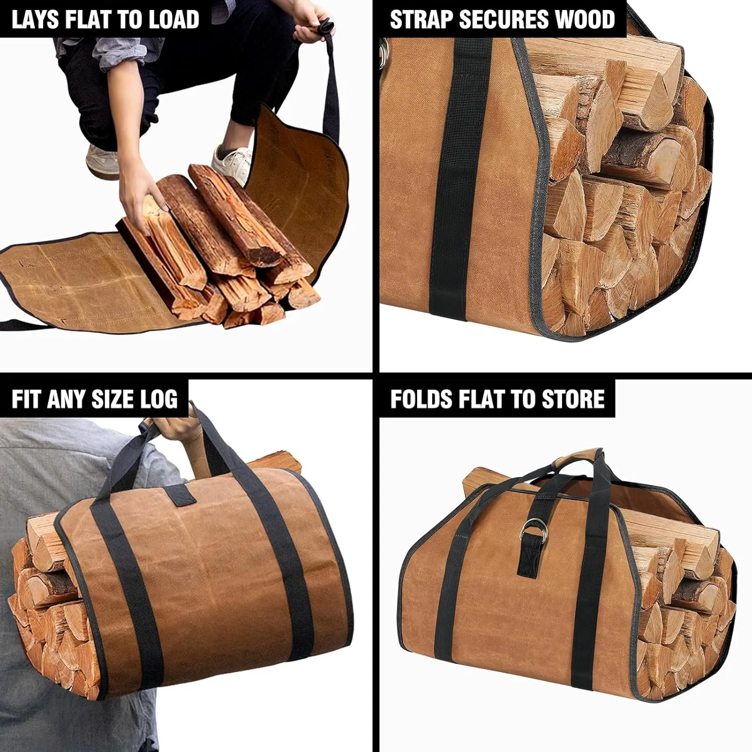 Waxed Canvas Log Carrier Bag, Durable Wood Tote Water Resistant for Indoor Outdoor, Fireplace Stove Accessories Firewood Wood Carrying Bag at Home or for Camping Trip Christmas Gift