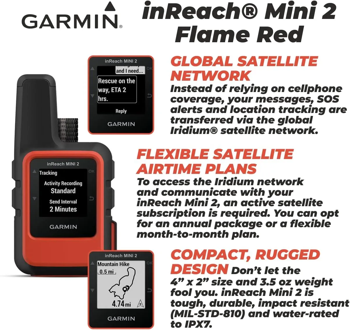 Wearable4U - Garmin inReach Mini 2 Satellite Communicator (Flame Red) with Power Pack Bundle