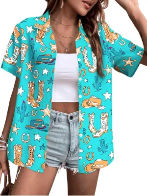 Western Button Down Shirt Women: Cowgirl Short Sleeve Boho Tops Hawaiian Tropical Graphic Tees Summer Vacation Outfit