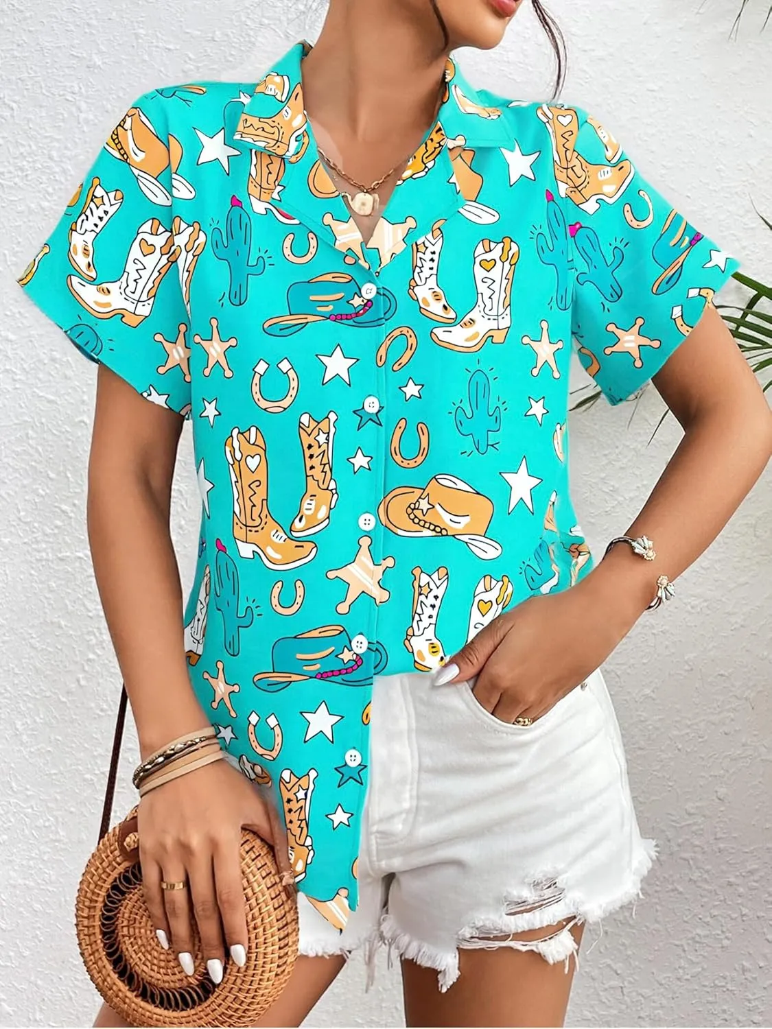 Western Button Down Shirt Women: Cowgirl Short Sleeve Boho Tops Hawaiian Tropical Graphic Tees Summer Vacation Outfit