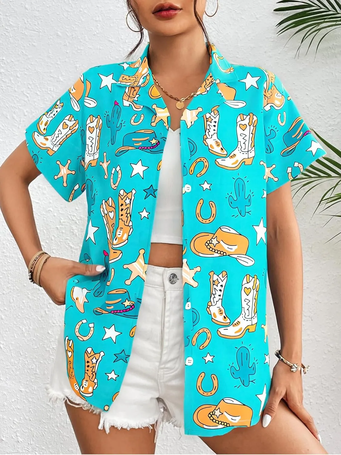 Western Button Down Shirt Women: Cowgirl Short Sleeve Boho Tops Hawaiian Tropical Graphic Tees Summer Vacation Outfit