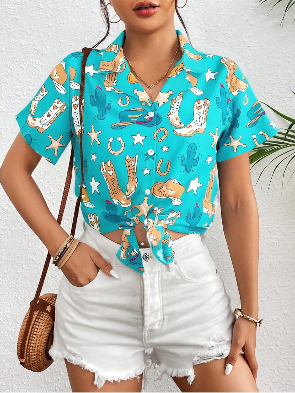 Western Button Down Shirt Women: Cowgirl Short Sleeve Boho Tops Hawaiian Tropical Graphic Tees Summer Vacation Outfit