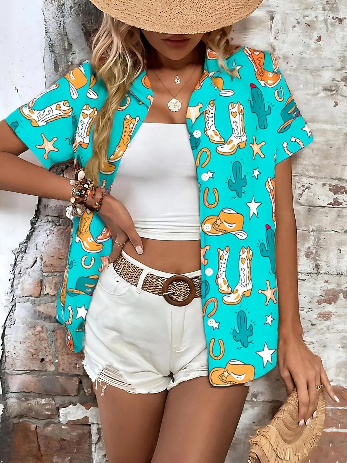 Western Button Down Shirt Women: Cowgirl Short Sleeve Boho Tops Hawaiian Tropical Graphic Tees Summer Vacation Outfit