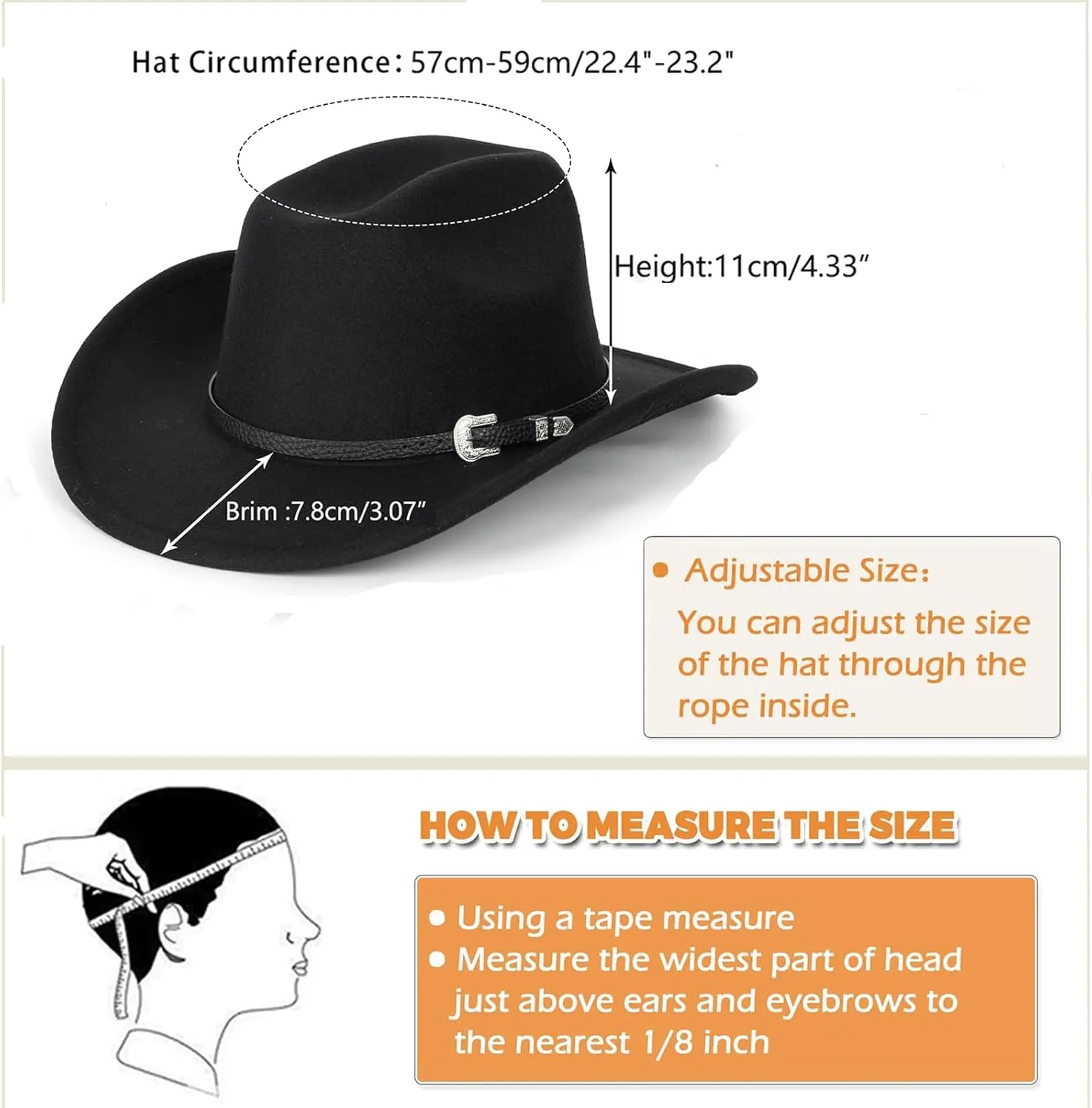 Western Cowboy Hat for Men Women Classic Roll Up Fedora Hat with Buckle Belt(Size:M-L)