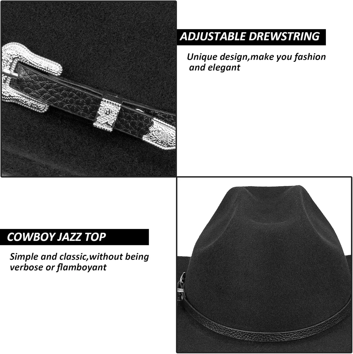 Western Cowboy Hat for Men Women Classic Roll Up Fedora Hat with Buckle Belt(Size:M-L)