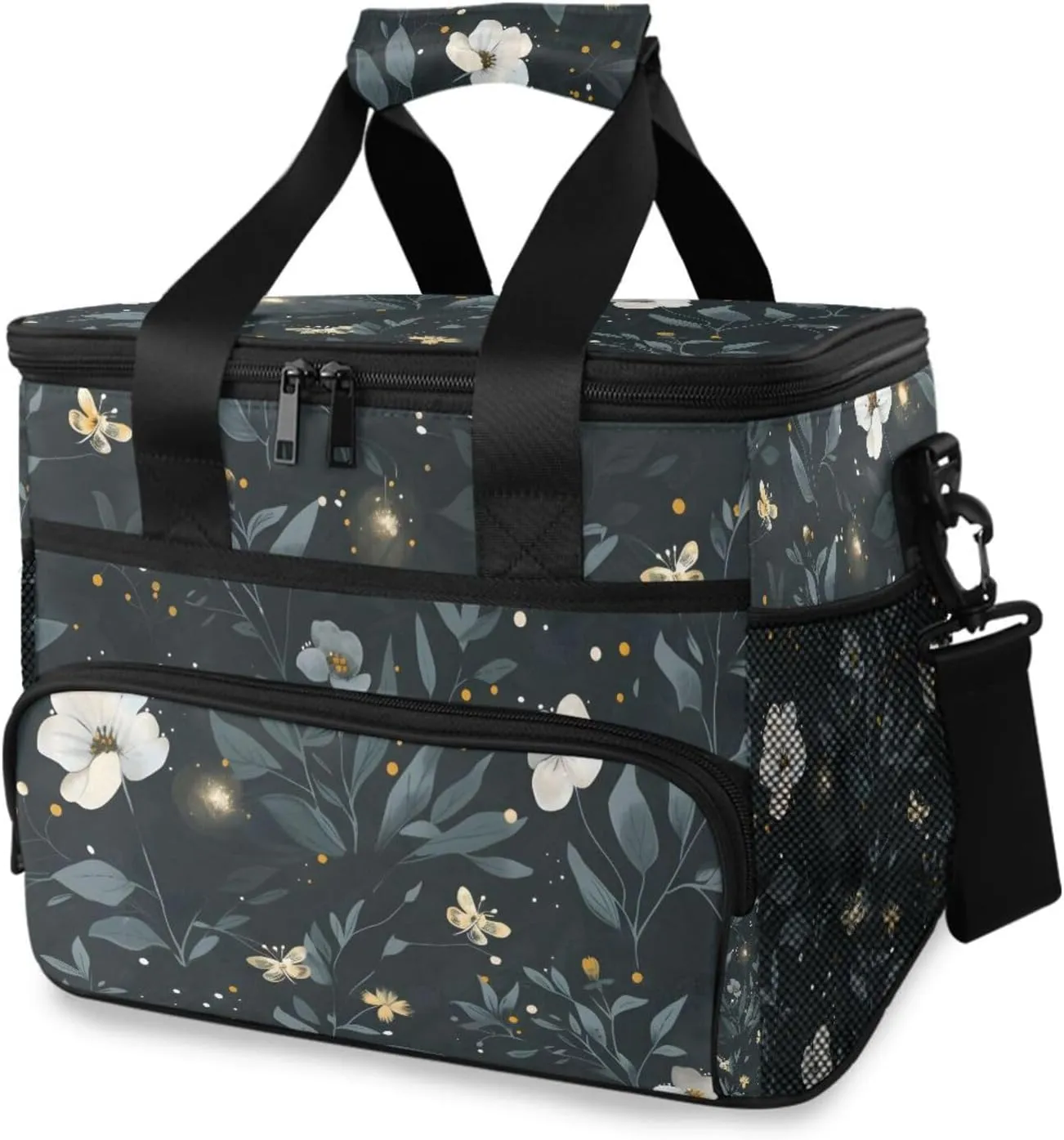 White Camellia Flower Black Watercolor Cooler Bag Insulated Cooler Soft Sided Cooler 24 Can Portable Picnic Bag Large Leakproof Lunch Bag Box for Beach Grocery Camping Travel Car Men Women