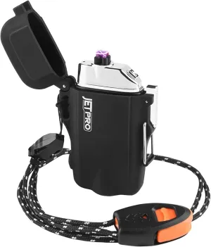 Windproof Lighter Dual Arc Plasma Lighter Rechargeable Lighter Flameless with Survival Emergency Whistle and Lanyard (Black)