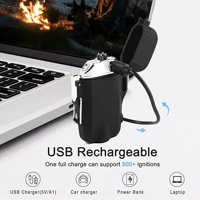 Windproof Lighter Dual Arc Plasma Lighter Rechargeable Lighter Flameless with Survival Emergency Whistle and Lanyard (Black)