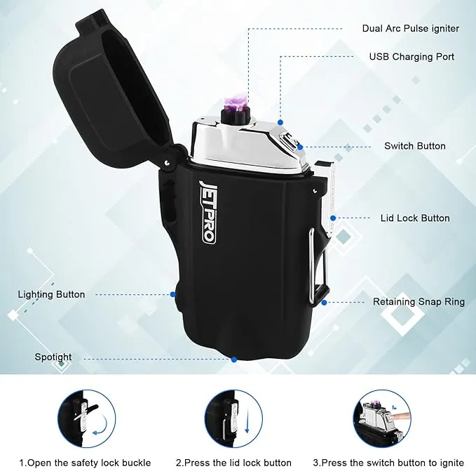 Windproof Lighter Dual Arc Plasma Lighter Rechargeable Lighter Flameless with Survival Emergency Whistle and Lanyard (Black)