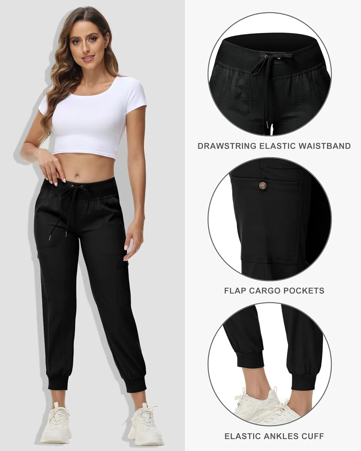 Women's Cargo Hiking Pants Quick Dry Lightweight Elastic Waist Button Pockets Joggers Athletic Sweatpants Travel Casual