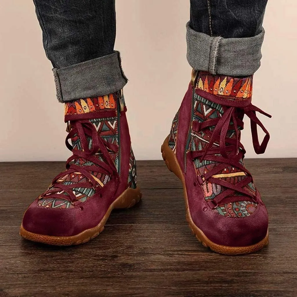 Womens Floral Combat Booties Ladies Vintage Comfy Lace Up Boho Ankle Boots Shoes