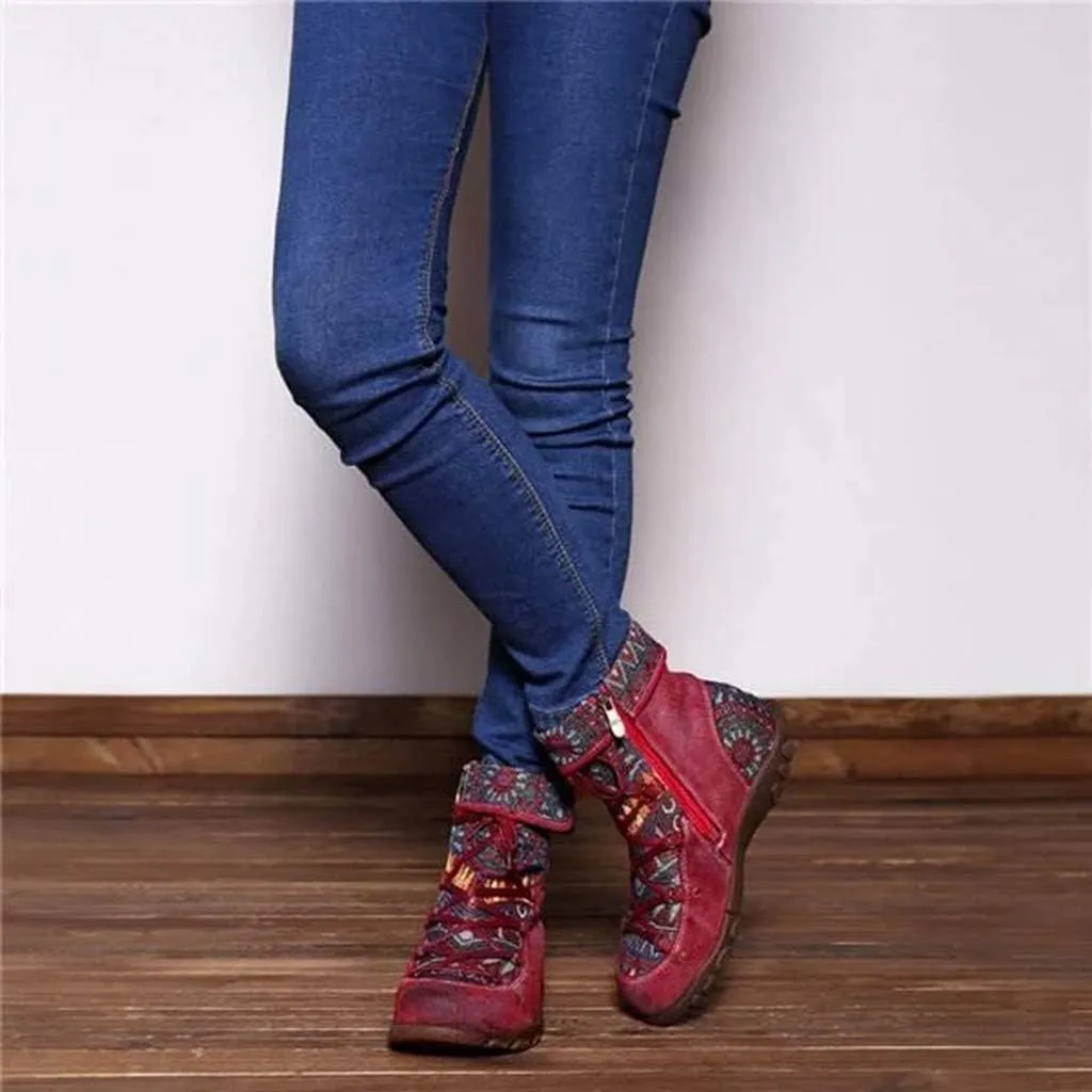 Womens Floral Combat Booties Ladies Vintage Comfy Lace Up Boho Ankle Boots Shoes