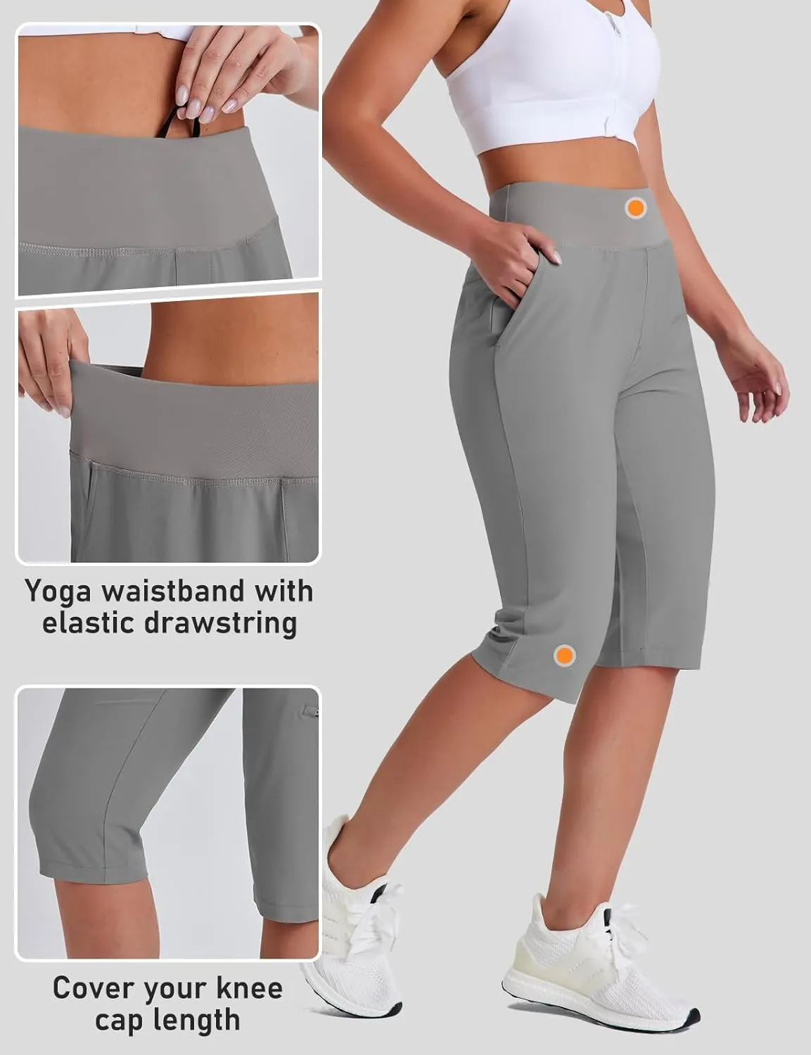 Women's Golf Capri Pants with Zipper Pockets Below The Knee Shorts Lightweight Long Hiking Shorts Knee Length