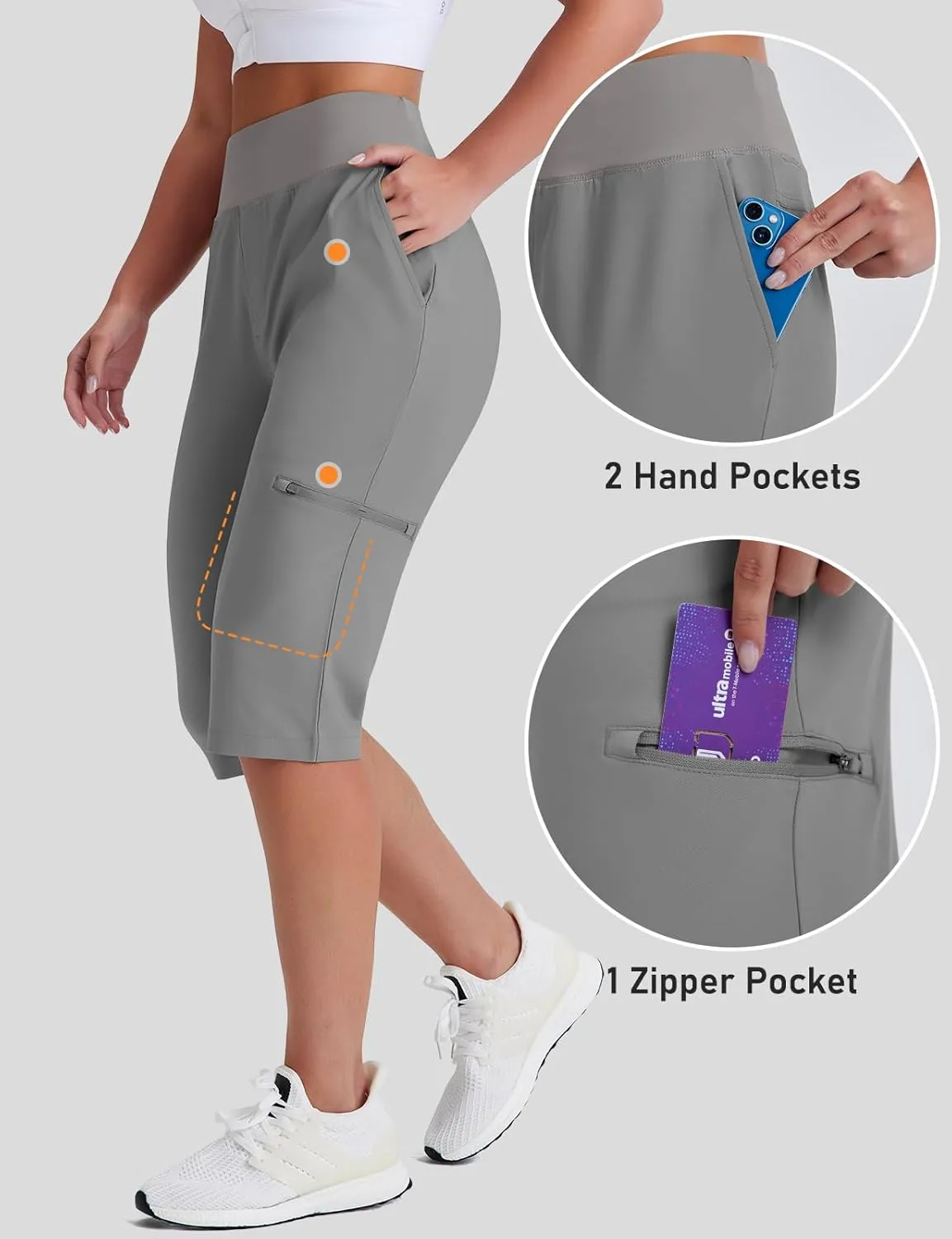 Women's Golf Capri Pants with Zipper Pockets Below The Knee Shorts Lightweight Long Hiking Shorts Knee Length