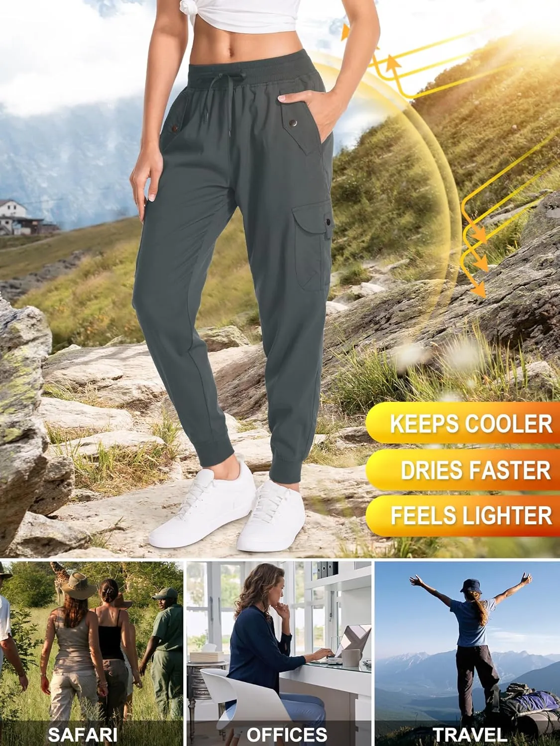 Women's Hiking Cargo Pants Quick Dry Lightweight Elastic Waist Outdoor Trail Safari Golf Casual