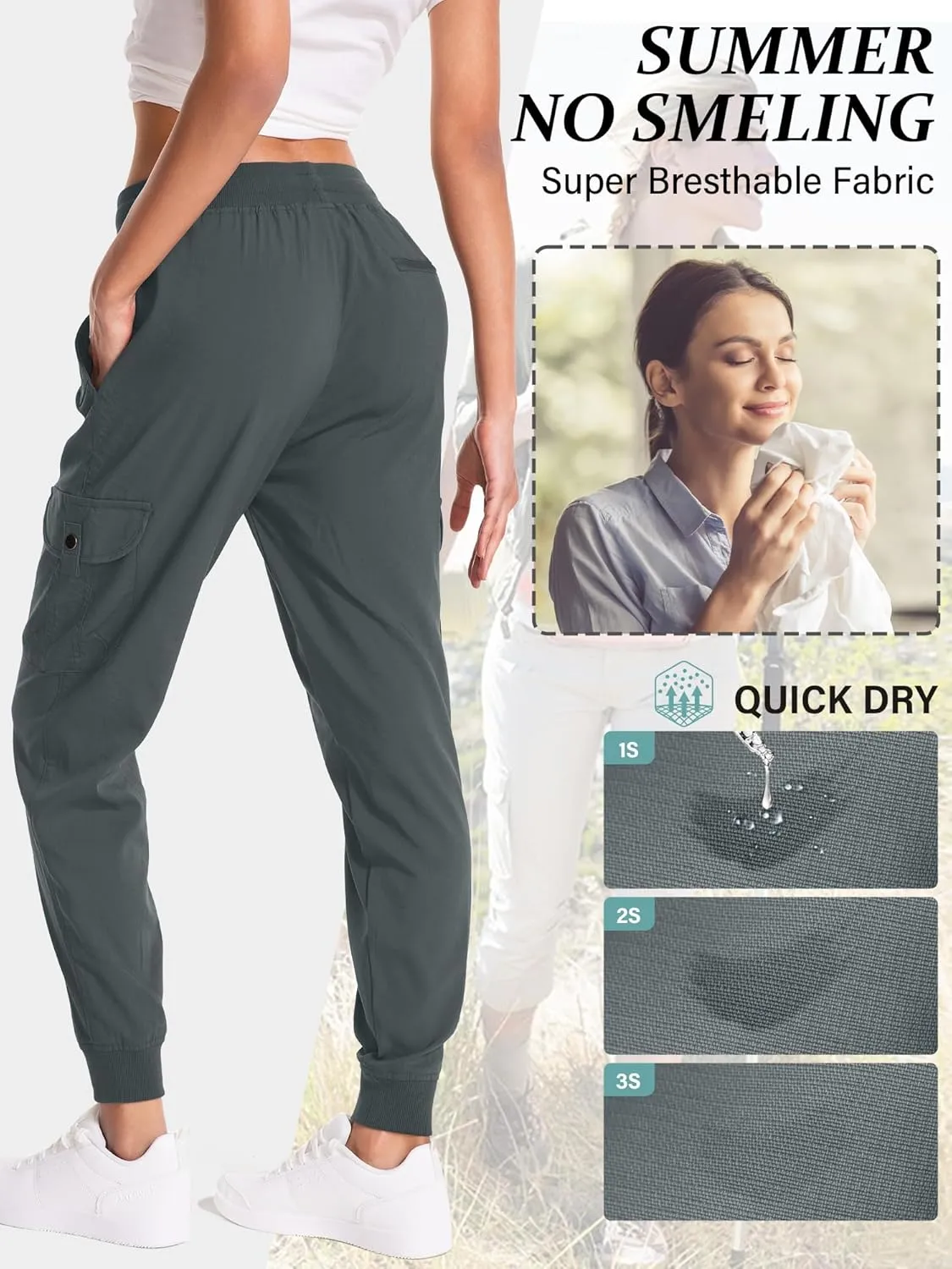 Women's Hiking Cargo Pants Quick Dry Lightweight Elastic Waist Outdoor Trail Safari Golf Casual