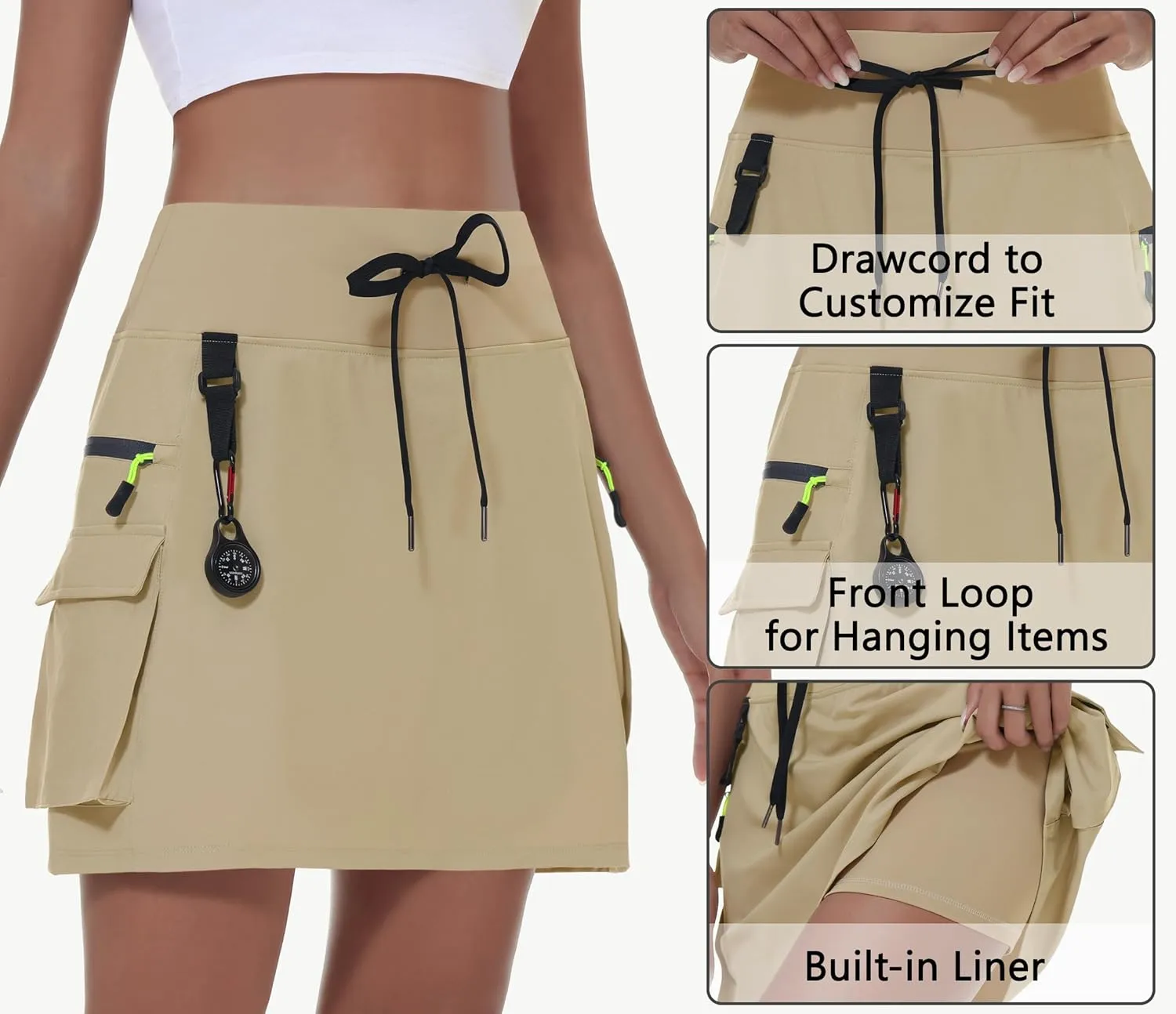 Women's Hiking Cargo Skort Skirt High Waisted Golf Dressy Casual with Zipper Pockets Workout Sport Quick Dry Skirts