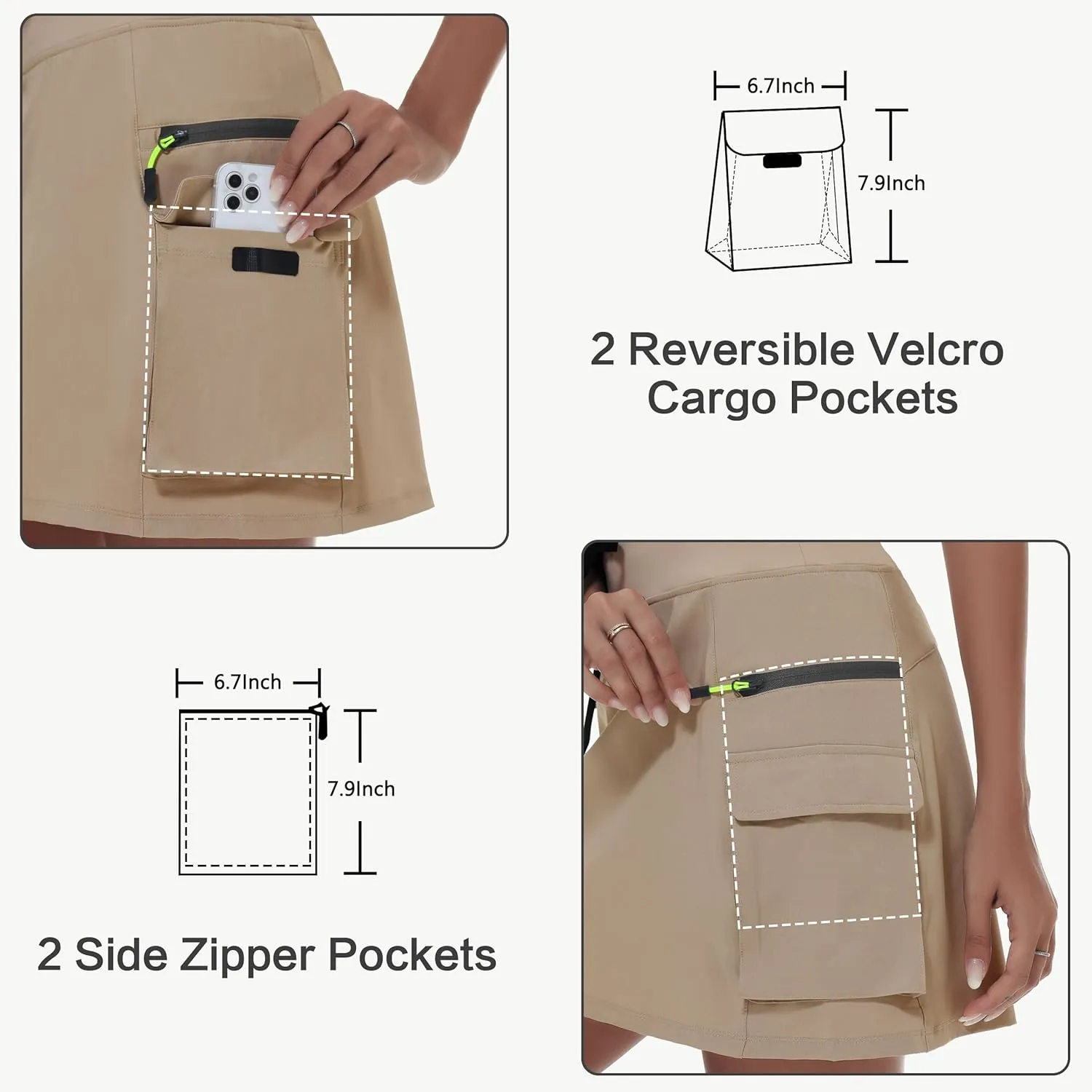 Women's Hiking Cargo Skort Skirt High Waisted Golf Dressy Casual with Zipper Pockets Workout Sport Quick Dry Skirts