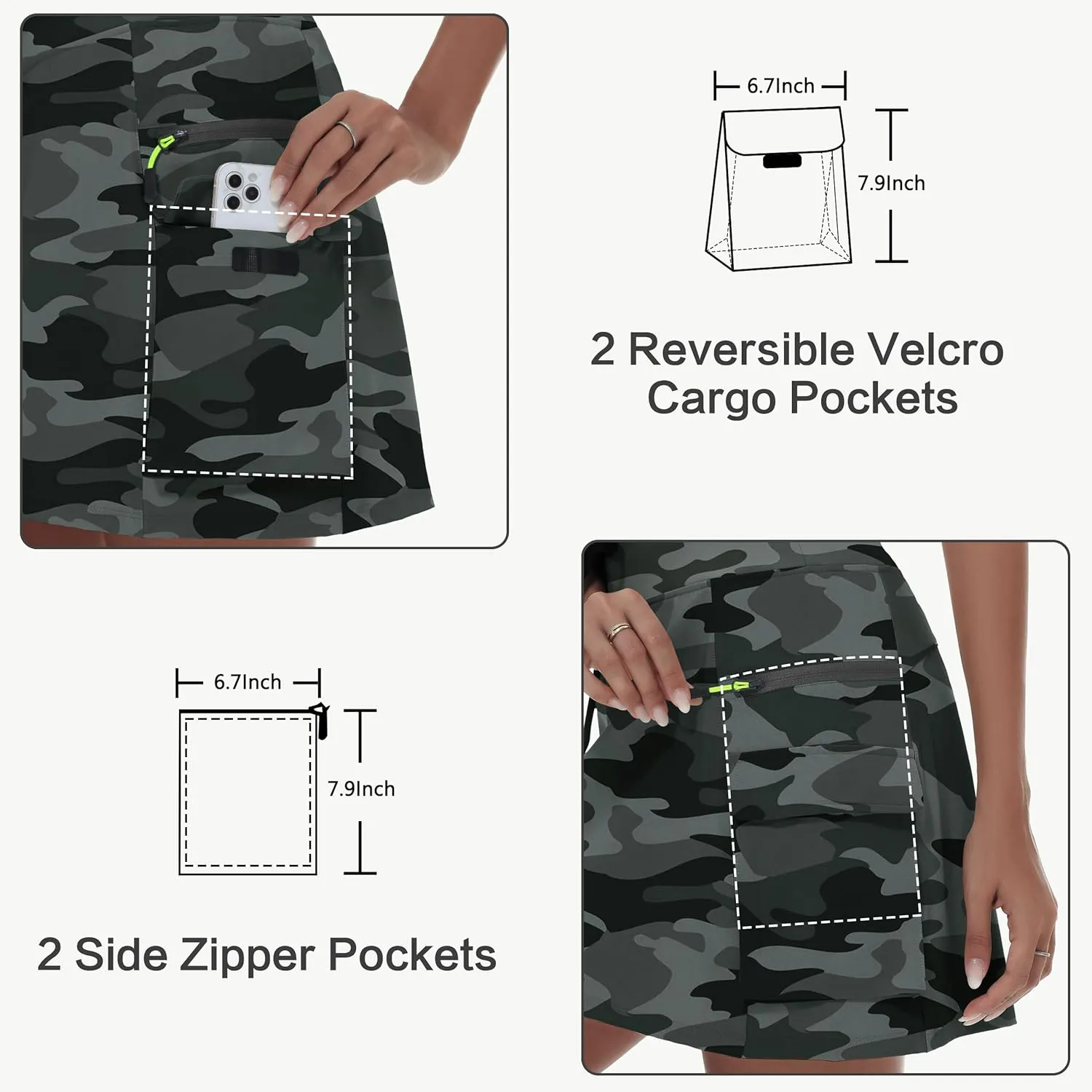 Women's Hiking Cargo Skort Skirt High Waisted Golf Dressy Casual with Zipper Pockets Workout Sport Quick Dry Skirts