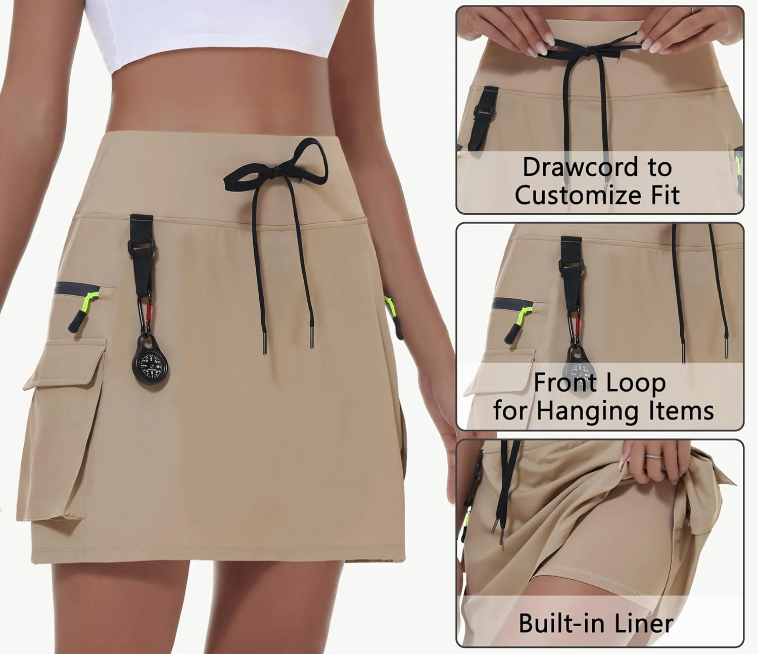Women's Hiking Cargo Skort Skirt High Waisted Golf Dressy Casual with Zipper Pockets Workout Sport Quick Dry Skirts