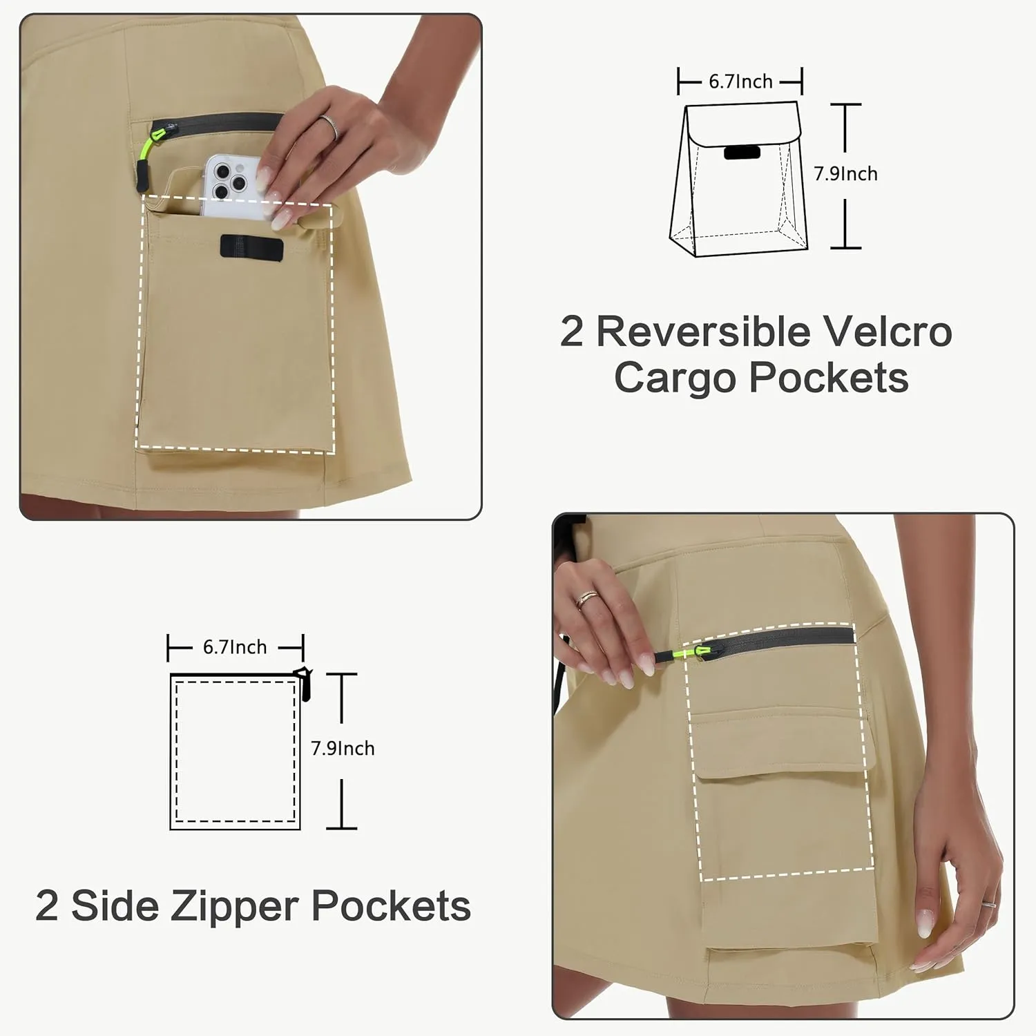 Women's Hiking Cargo Skort Skirt High Waisted Golf Dressy Casual with Zipper Pockets Workout Sport Quick Dry Skirts