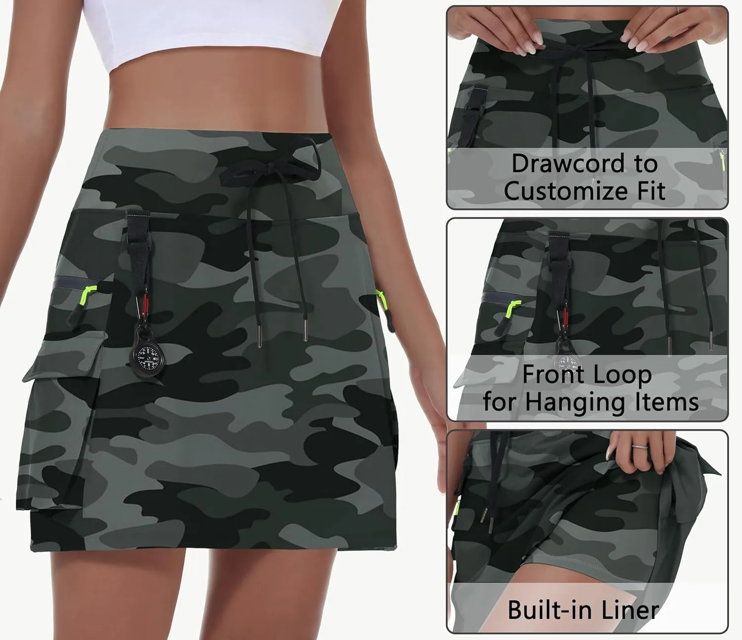 Women's Hiking Cargo Skort Skirt High Waisted Golf Dressy Casual with Zipper Pockets Workout Sport Quick Dry Skirts