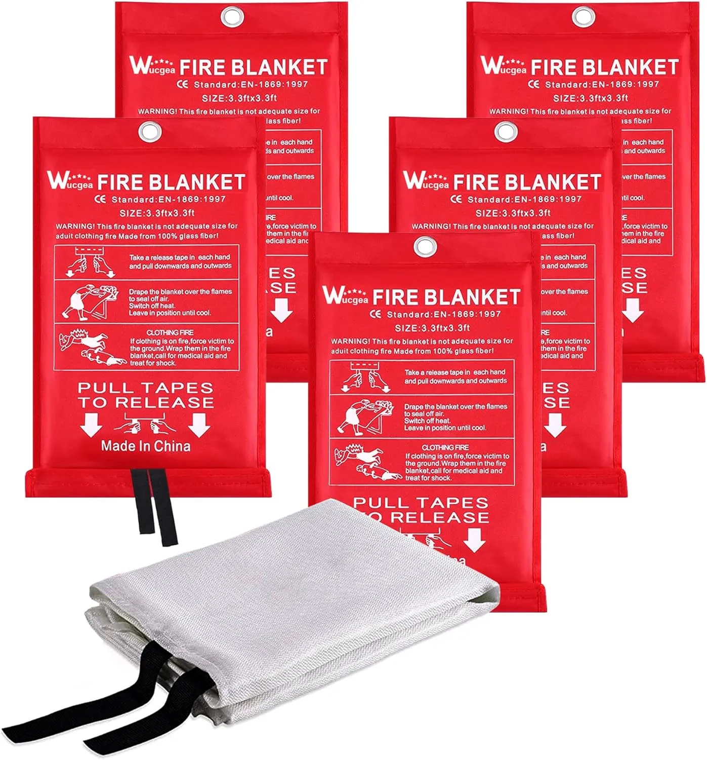 Wucgea Fire Blanket for Home and Kitchen - 5 Pack Fiberglass Reusable Fire Blankets Suppression Emergency for School Fireplace Grill Car Office Garage Welding Warehouse Safety 3.3ft x 3.3ft