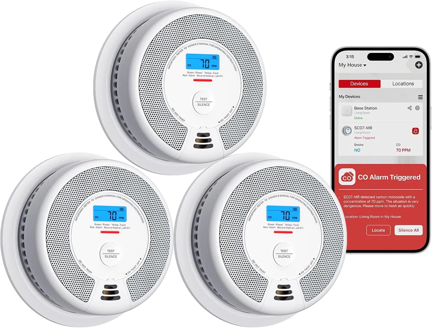 X-Sense Smart Smoke and Carbon Monoxide Detector Combo, Battery-Operated (Not AC Hardwired) Interconnected Combination Smoke Carbon Monoxide Detector, Base Station Required, SC07-MR, 3-Pack